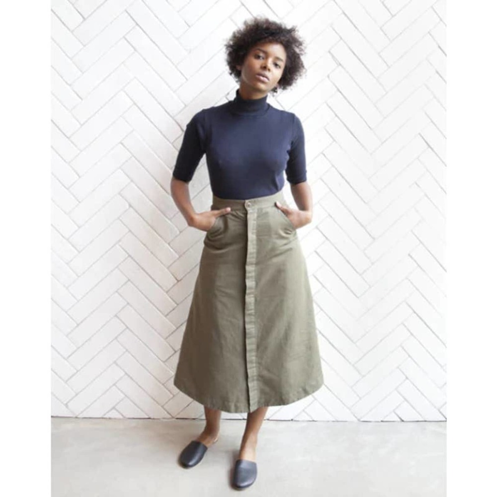 Esby Loretta Linen Blend Button Front Military Skirt Olive Green Size 8
